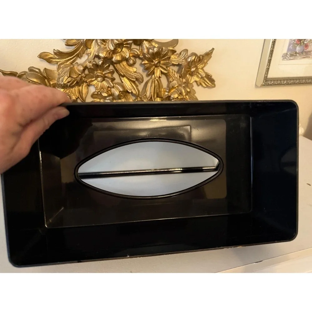 Vintage Japanese Floral Black Lacquer Style Tissue Box Cover with Int. Mirror